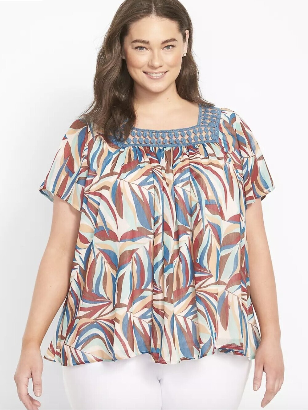 Lane Bryant Relaxed Square Neck Top Trim Detail Multcolor Peasant Sz 14 / 16